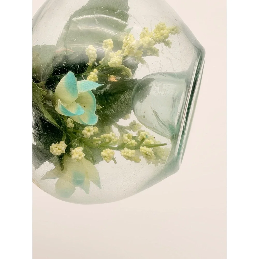 Vintage Glass Globe Terrarium Candle Holder Faux Floral Blue White Flowers 4.5in